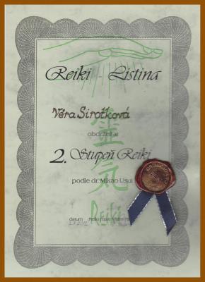 2. stupeň Reiki - certifikát Věra Sirotková